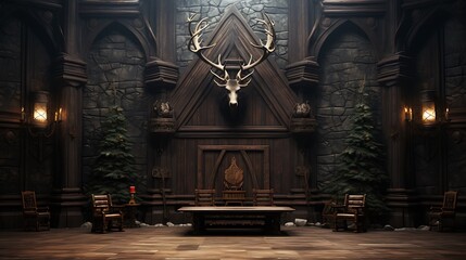 Obraz premium wooden podium with a carved eagle, in a rustic lodge with antler chandeliers and stone fireplace