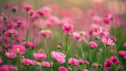 Fototapeta premium showing a vast field filled with pink flowers and green stems. The bright pink blooms contrast beautifully with the lush green stems, creating a striking visual display of natures beauty