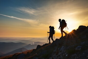 Silhouettes of four young hikers with backpacks are walking in mountains at sunset time