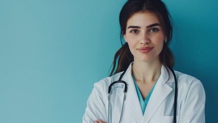 Fototapeta premium Portrait of confident young medical doctor on blue background.. with high resolution photography, copy space for text banner background