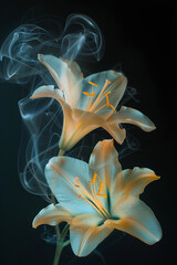 Against a black background semi-transparent yellow lilies, decorated with a hint of smoke