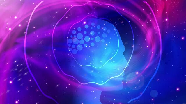 Human head silhouette with brain emitting brainwaves across the universe, sci-fi themes, tech innovations, intellectual pursuits, symbolizes the boundless potential of human thought and imagination