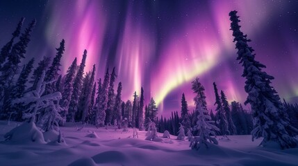 Mystic Deep Purple Aurora Borealis Over a Snow Covered Forest, Magical Winter Night