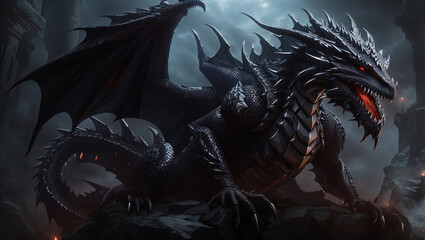 A black dragon with red eyes is perched on a rock in a dark, stormy setting.