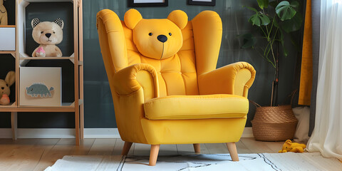 Cute and cozy childrens yellow armchair with bear ear details, ideal for adding a playful touch to any kids bedroom or play area, isolated on white background. Front view. 