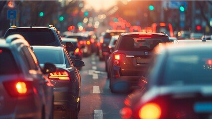 Car traffic jam on the highway, blurred cars in the background. Abstract city vehicles moving in a line of cars on the street with traffic lights and a long flow for a car trip concept. Blurred 