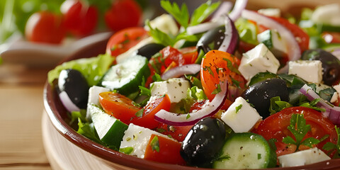 Greek salad with feta cheese, olives, cucumber and tomato. 
