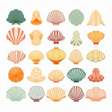 Colorful set of various seashell illustrations arranged in a grid on a white background. Perfect for summer and ocean-themed designs.
