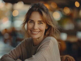Obraz premium A woman smiling at the camera while sitting in a restaurant. Generative AI.