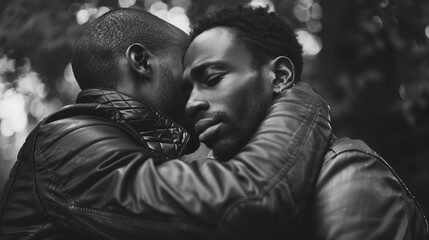 Love of LGBTQ. photography, black white, cute gay couple hugging romantically ,Leica Q3