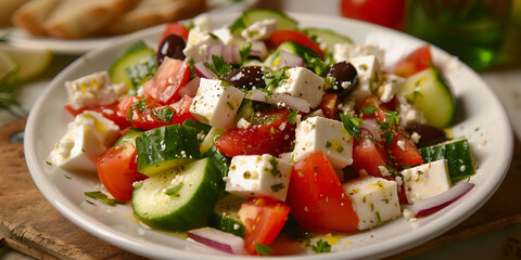Close-up of Greek Salad with Fresh Vegetables, Feta Cheese, and Kalamata Olives on a White Plate. 