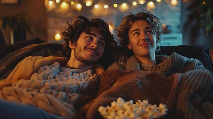 Love of LGBTQ. photography, cute gay couple Watching a favorite movie or series at home with popcorn and cozy blankets