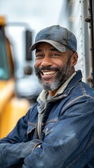 A man with a beard and hat leaning against the side of a truck. Generative AI.