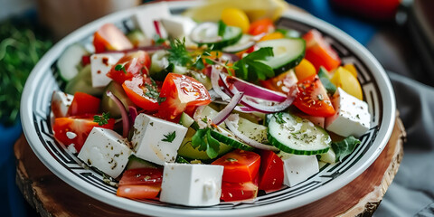 Greek salad of fresh tomato, sweet pepper, cucumber, red onion, feta cheese and green olives
