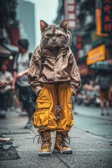 A cat wearing a jacket and pants standing on the street. Generative AI.