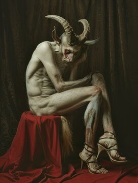 A nude half-man half-goat  with horns sitting. Generative AI.