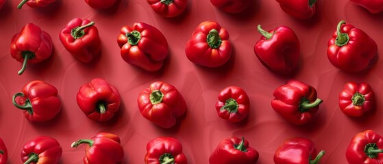 Fresh red bell peppers arranged in a neat pattern on a vibrant red background, showcasing a colorful and healthy vegetable display.