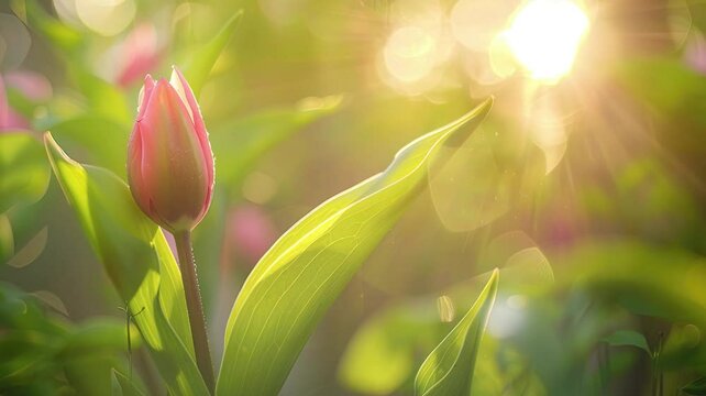 close up bokeh efect fresh golden tulip bud with splash dew in morning golden hours image video HD 4K a background for bio diversity day or tulip time