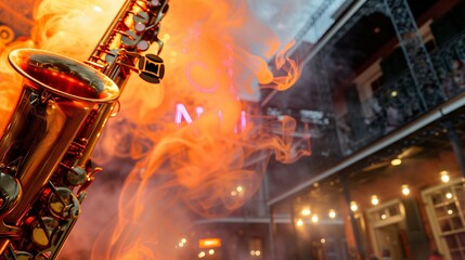 Tangerine smoke curling into a saxophone, with a backdrop of a lively New Orleans music festival