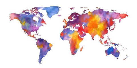 Watercolor map of the world with splashes of vibrant colors and a white background for a creative geographical concept. Digital art of world map painted with gradient watercolor in warm color. AIG35.