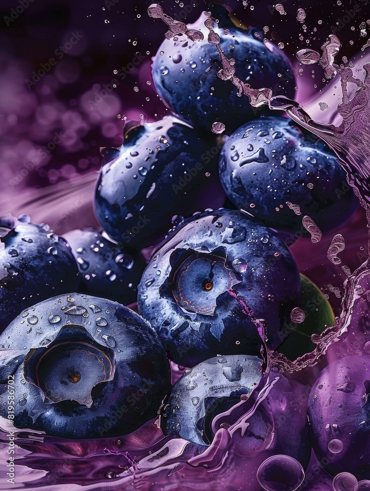 Canvas Prints A close up of a bunch of blueberries in water. AI.