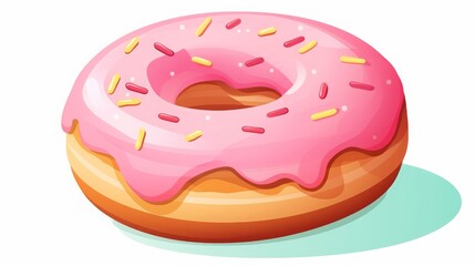 Hand-drawn illustration of a delicious pink frosted donut with colorful sprinkles on a white background.