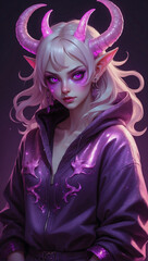 High quality beautiful illustration of a female demon with sparkling glowing eyes and horns wearing comfortable clothes
