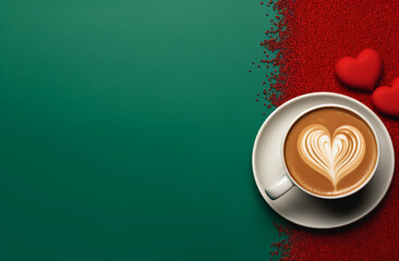 A cup of coffee with latte art in the shape of a heart on a green background and with red glitter