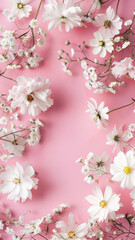 White Cosmos Flowers on Pink Pastel Background