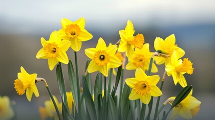 Obraz premium Vivid Yellow Daffodils Swinging in a Soft Spring Breeze, Symbol of New Beginnings