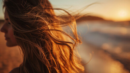 Beach Serenity, Close-Up of Wind-Swept Hair at Sunset