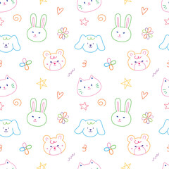 Cute face animal hand drawn doodle seamless pattern background for wallpaper and wrapping. Rabbit, bear, rat, dog and cat