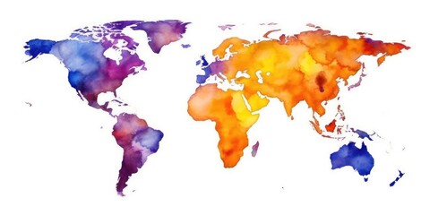 Watercolor map of the world with splashes of vibrant colors and a white background for a creative...