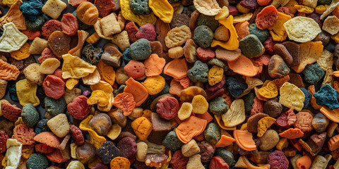 Colorful dry cat dog food in granules. Pet treats of different shapes and colors, view from top above overhead.
