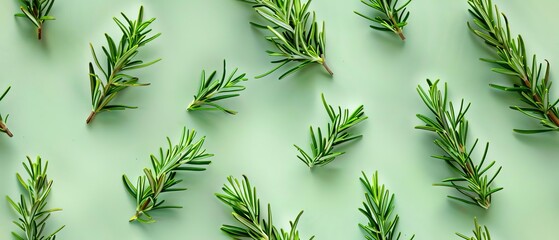 Fresh rosemary sprigs arranged on a light green background, perfect for culinary, herbal, and natural health themed designs.