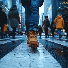 Fototapeta premium A group of people cross the street, with a close-up shot focusing on their feet and shoes in motion. displays various styles of foot movement when crossing a crosswalk.