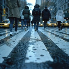 Fototapeta premium A group of people cross the street, with a close-up shot focusing on their feet and shoes in motion. displays various styles of foot movement when crossing a crosswalk.