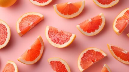 Fresh sliced grapefruit arranged on a pink background, showcasing vibrant colors and inviting a refreshing citrus feel. Perfect for food and health themes.