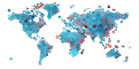 Abstract vibrant world map composed of multicolored circles on a light background. Global diversity and population distribution concept. Design for statistical graphics and cultural diversity. AIG35.