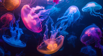 Vibrant Jellyfish Dance, Illuminating the Deep Blue