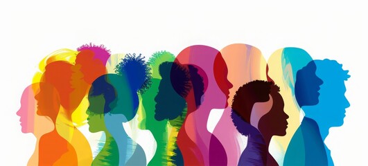 Colorful silhouettes of a diverse and multicultural community. Illustration of a multiethnic group of people, portraits in simple colors
