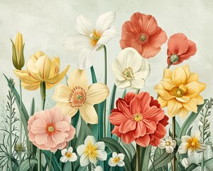 Botanical Illustrations Vintagestyle botanical drawings of spring flowers , 3D