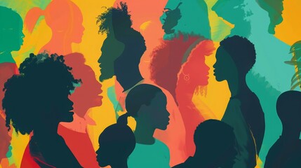Colorful silhouettes of a diverse and multicultural community. Illustration of a multiethnic group of people, portraits in simple colors