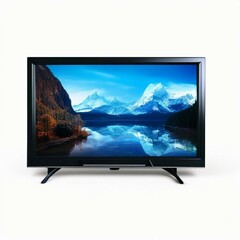 Fototapeta premium lcd TV with legs with the screen off, mountain landscape, lake, reflection. Isolated on transparent background, cutout, mockup for graphic design