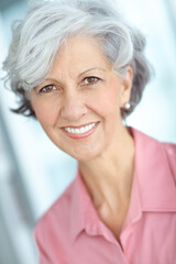Elderly, woman and face with natural beauty from dermatology or skincare in retirement. Happy,...