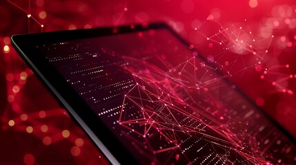 Advanced digital tablet showcasing complex AI data visualizations, against a crimson red background. 8k, realistic, full ultra HD, high resolution and cinematic photography
