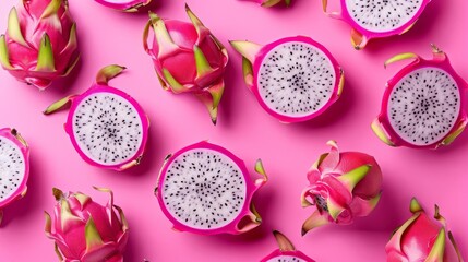 Freshly cut dragon fruits with vibrant pink skin and white flesh dotted with tiny black seeds, arranged on a matching pink background.