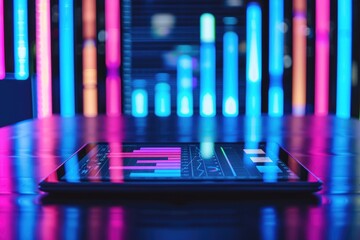 Interactive data visualization chart on a tablet selective focus, technology theme, vibrant, blend mode, conference room backdrop