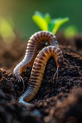 A close-up of a millipede in soil with a green plant in the background, showing the creature's detailed segments and natural habitat.
