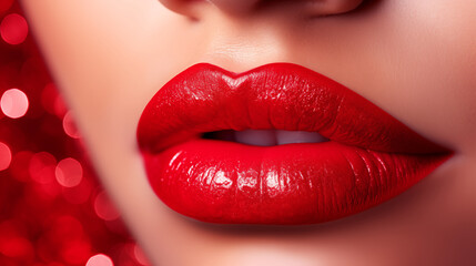 Close-up of red lipstick to promote makeup brand Lip gloss mockup with space for text. luxury brand red lipstick.
